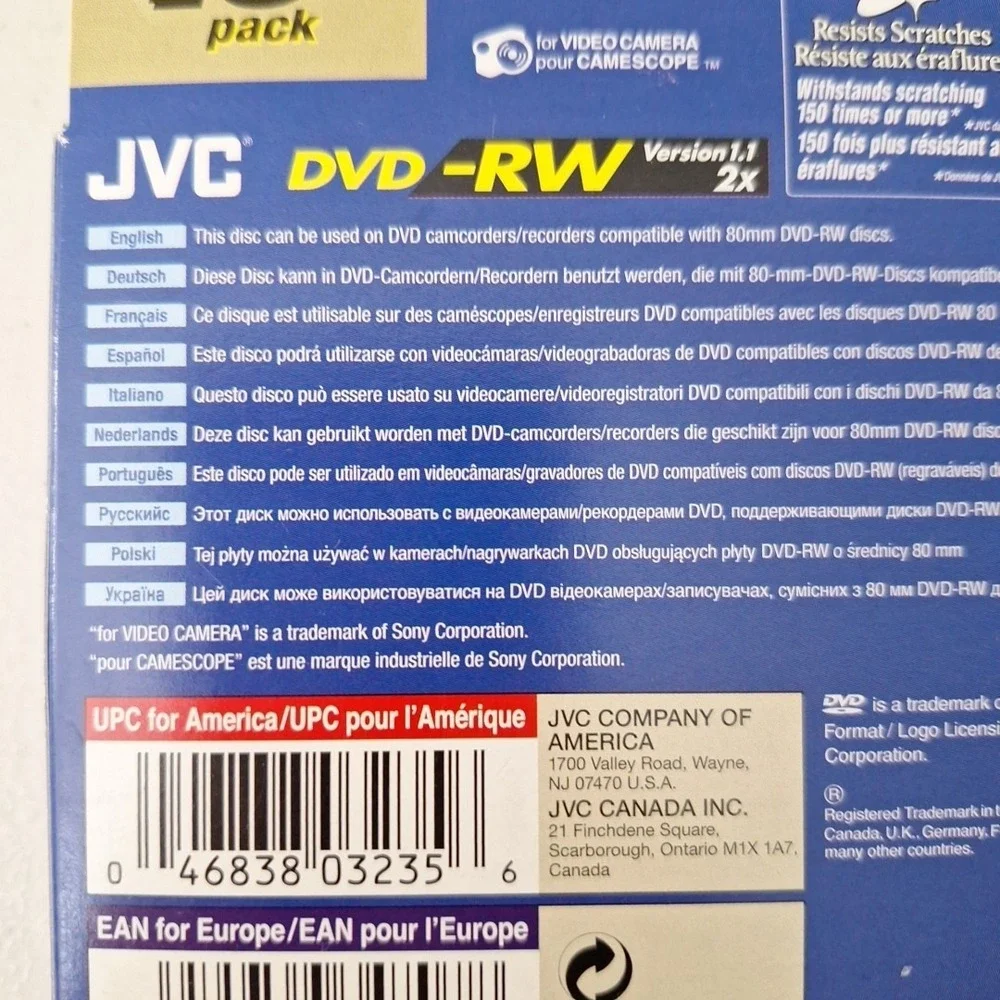 JVC DVD-RW 60 Min 2.8GB/Go‎ Set of 10 - NEW SEALED